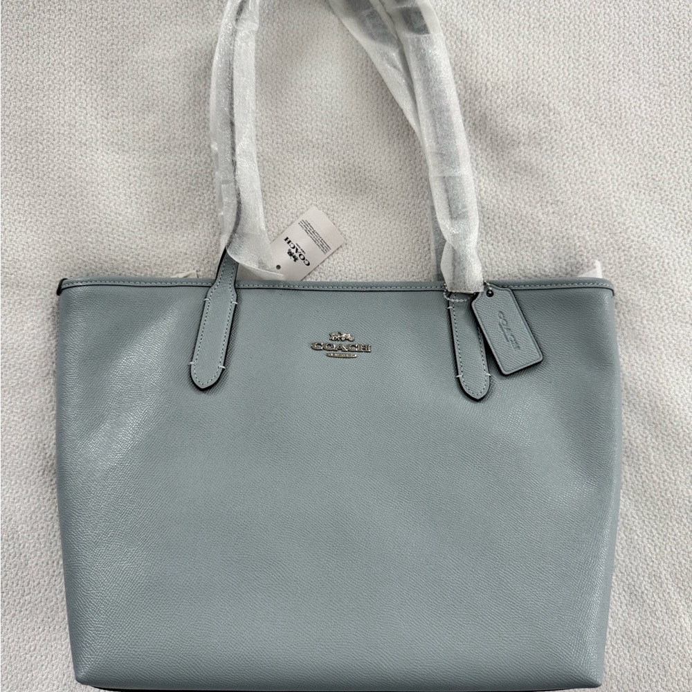Coach Sky Blue Leather Zip Top Tote Bag
